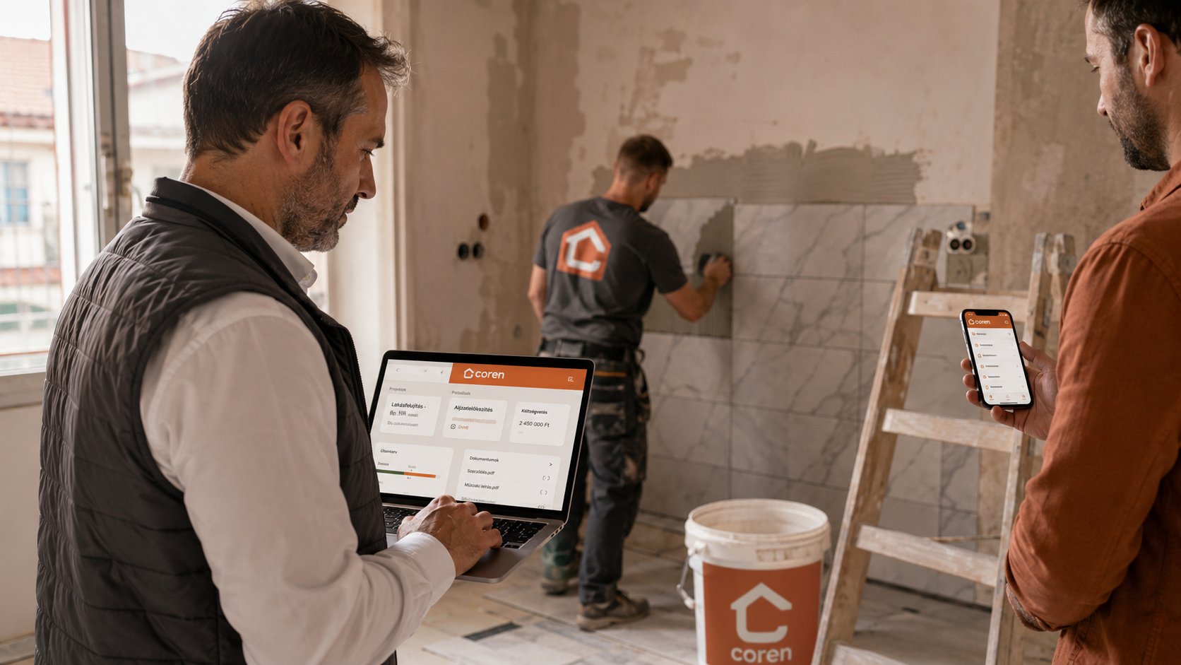Kivitelező projektmenedzser és szakember a Coren alkalmazással, laptopon és telefonon